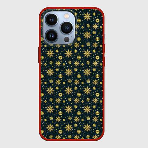 Чехол iPhone 13 Pro Декоративные снежинки с золотым блеском / 3D-Красный – фото 1