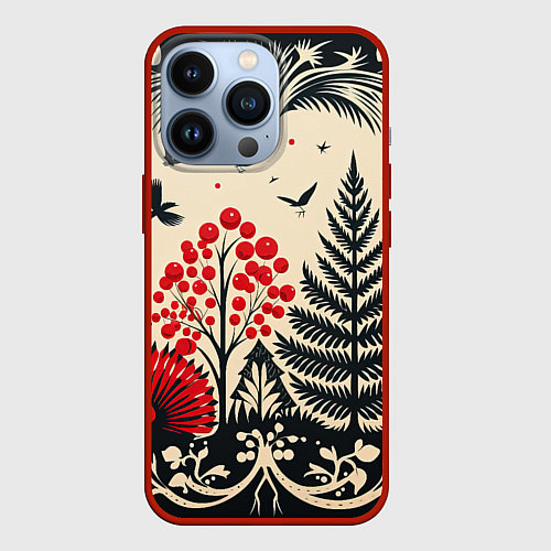Чехол iPhone 13 Pro Новогодние деревья и узоры / 3D-Красный – фото 1