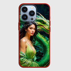 Чехол iPhone 13 Pro Нейросеть - девушка с зелёным драконом