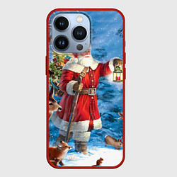 Чехол для iPhone 13 Pro Дед Мороз в лесу с животными, цвет: 3D-красный