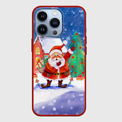 Чехол для iPhone 13 Pro Дед Мороз с мешком и елкой, цвет: 3D-красный