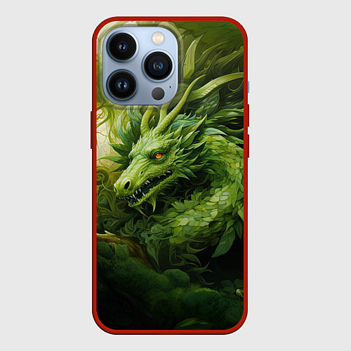 Чехол iPhone 13 Pro Зеленый травяной дракон / 3D-Красный – фото 1