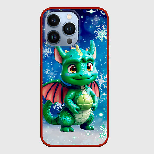 Чехол iPhone 13 Pro Маленький дракончик в снежинках / 3D-Красный – фото 1