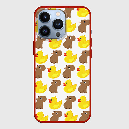 Чехол iPhone 13 Pro Капибара с желтой уткой / 3D-Красный – фото 1