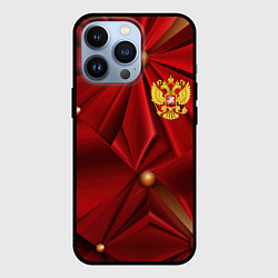 Чехол для iPhone 13 Pro Золотой герб России на красной абстракции, цвет: 3D-черный