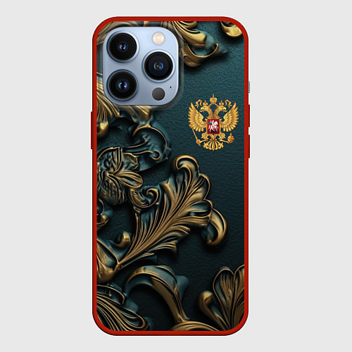 Чехол iPhone 13 Pro Герб России и бирюзовый фон / 3D-Красный – фото 1