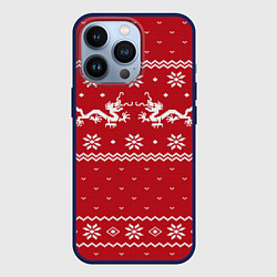 Чехол для iPhone 13 Pro Новогодний свитер с драконами, цвет: 3D-тёмно-синий