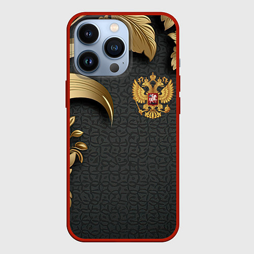 Чехол iPhone 13 Pro Золотой герб России и объемные узоры / 3D-Красный – фото 1
