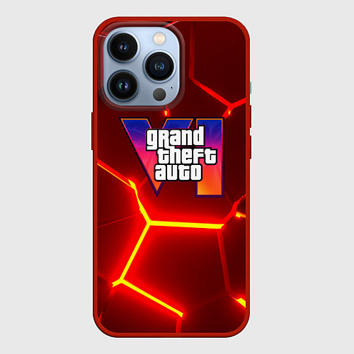 Чехол iPhone 13 Pro GTA 6 лого на фоне разлома красных плит / 3D-Красный – фото 1