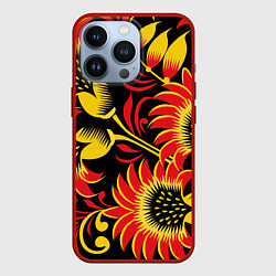 Чехол для iPhone 13 Pro Хохломская роспись красно-золотистые цветы на чёрн, цвет: 3D-красный
