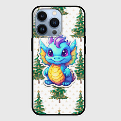 Чехол для iPhone 13 Pro Маленький синий дракон на фоне елочек, цвет: 3D-черный