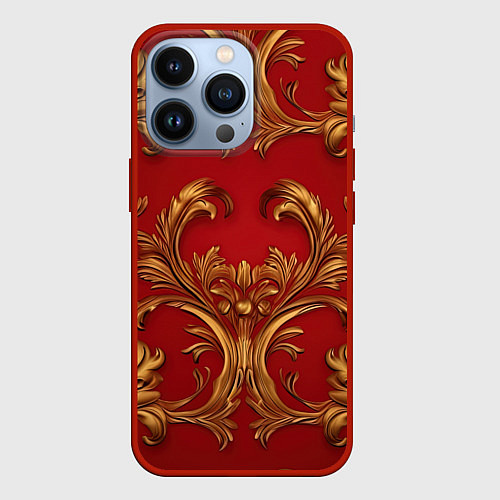 Чехол iPhone 13 Pro Золотые узоры на красном / 3D-Красный – фото 1