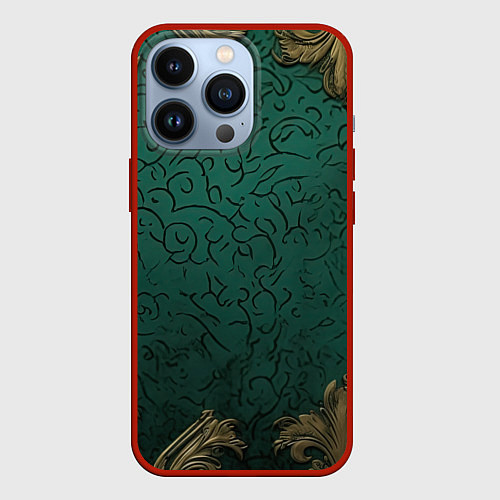 Чехол iPhone 13 Pro Узоры золотые на зеленом фоне / 3D-Красный – фото 1