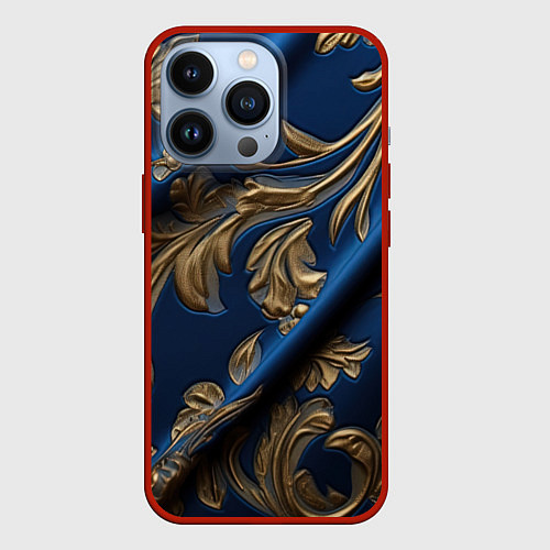Чехол iPhone 13 Pro Лепнина узоры золотистые на синем фоне / 3D-Красный – фото 1