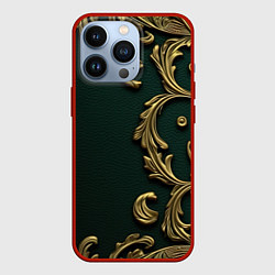 Чехол для iPhone 13 Pro Лепнина золотые узоры на зеленой ткани, цвет: 3D-красный