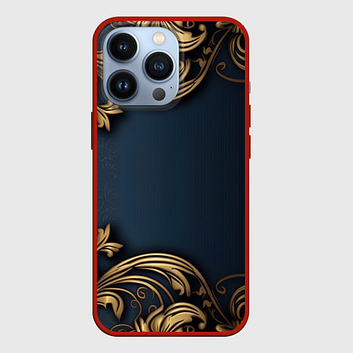 Чехол iPhone 13 Pro Лепнина объемные золотые узоры на ткани / 3D-Красный – фото 1