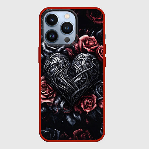 Чехол iPhone 13 Pro Витиеватое сердце с розами / 3D-Красный – фото 1