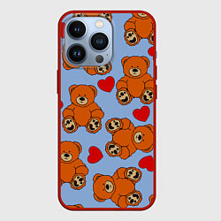 Чехол для iPhone 13 Pro Мишки и сердца на голубом фоне, цвет: 3D-красный