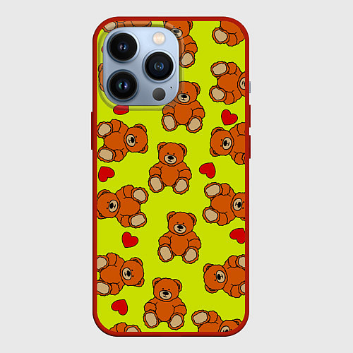 Чехол iPhone 13 Pro Плюшевые мишки и сердца на желтом фоне / 3D-Красный – фото 1
