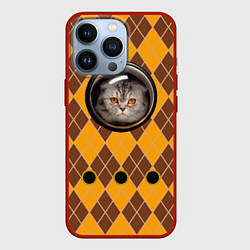 Чехол для iPhone 13 Pro Аргайл кот в переноске, цвет: 3D-красный