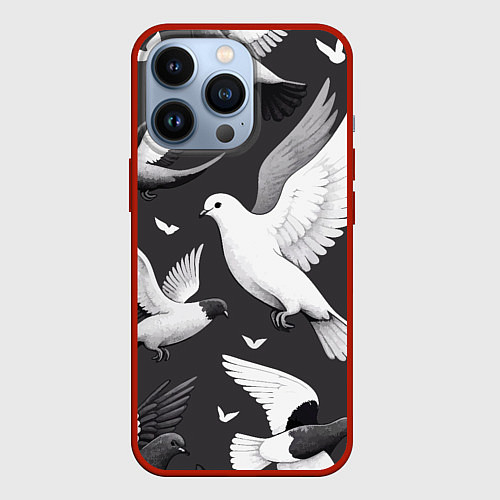 Чехол iPhone 13 Pro Белые сизые голуби летящие в небе / 3D-Красный – фото 1