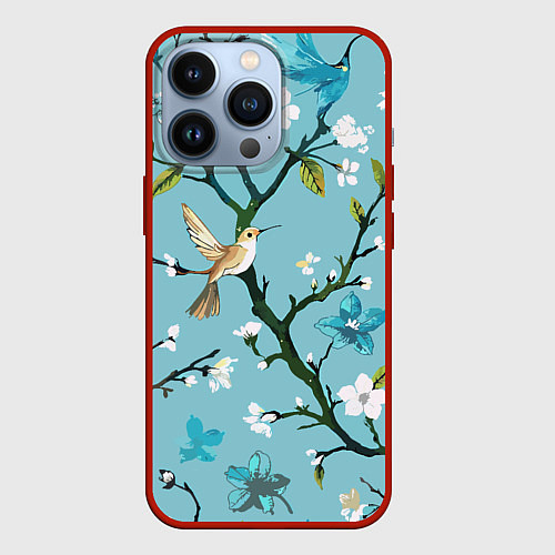 Чехол iPhone 13 Pro Колибри ветка цветущего сада / 3D-Красный – фото 1