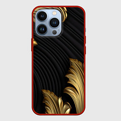 Чехол для iPhone 13 Pro Золотые объемные листья на черном фоне лепнина, цвет: 3D-красный