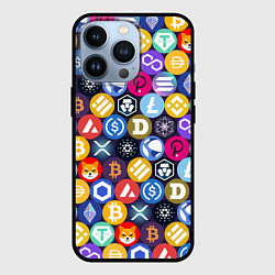 Чехол для iPhone 13 Pro Криптовалюта Биткоин, Эфириум, Тетхер, Солана патт, цвет: 3D-черный