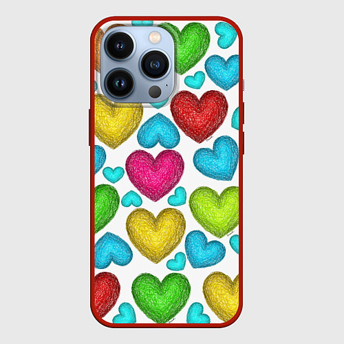 Чехол iPhone 13 Pro Сердца нарисованные цветными карандашами / 3D-Красный – фото 1