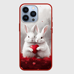 Чехол для iPhone 13 Pro Белые кролики с сердцем, цвет: 3D-красный