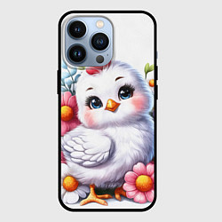 Чехол для iPhone 13 Pro Мультяшная курица с цветами акварелью, цвет: 3D-черный