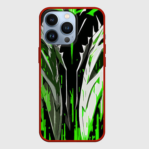 Чехол iPhone 13 Pro Металл и зелёные линии / 3D-Красный – фото 1