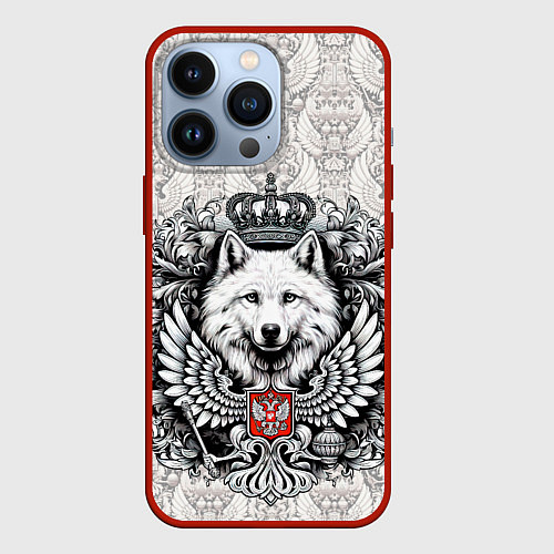 Чехол iPhone 13 Pro Волк белый герб России / 3D-Красный – фото 1
