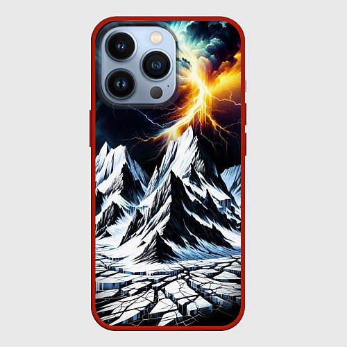Чехол iPhone 13 Pro Молнии и горы / 3D-Красный – фото 1