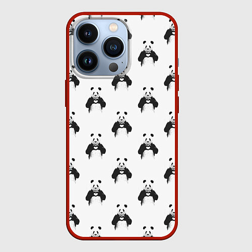 Чехол iPhone 13 Pro Panda love - pattern / 3D-Красный – фото 1