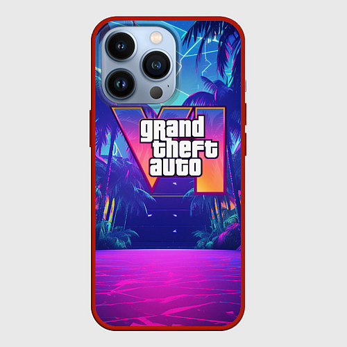 Чехол iPhone 13 Pro Gta 6 логотип в стиле ночного vice city / 3D-Красный – фото 1