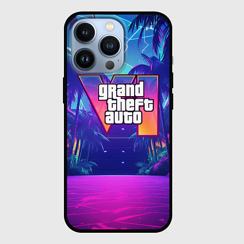 Чехол iPhone 13 Pro Gta 6 логотип в стиле ночного vice city / 3D-Черный – фото 1