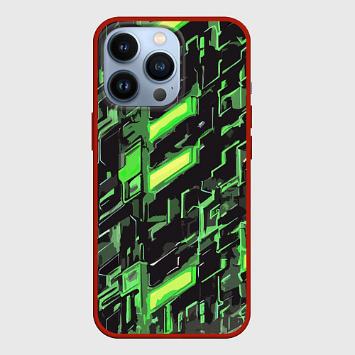 Чехол iPhone 13 Pro Зелёные неоновые линии / 3D-Красный – фото 1