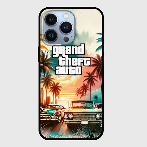 Чехол iPhone 13 Pro ГТА - пальмы и машины / 3D-Черный – фото 1
