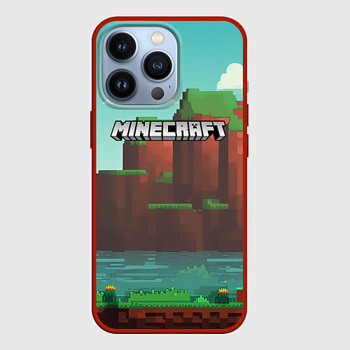 Чехол iPhone 13 Pro Minecraft logo горы и озеро / 3D-Красный – фото 1