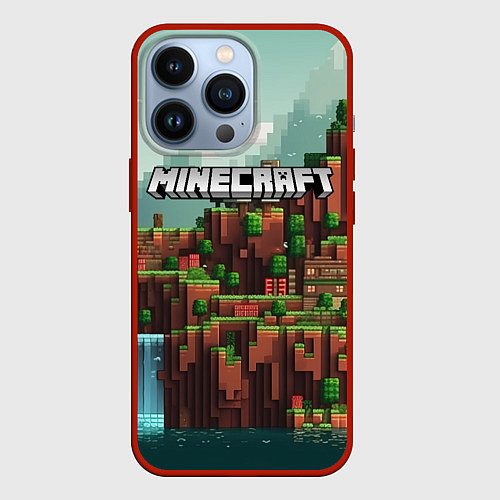 Чехол iPhone 13 Pro Minecraft logo квадратный мир / 3D-Красный – фото 1