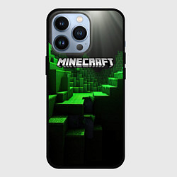 Чехол для iPhone 13 Pro Minecraft logo зеленые яркие плитки, цвет: 3D-черный