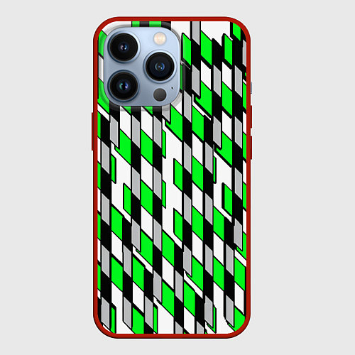 Чехол iPhone 13 Pro Киберпанк узор чёрно-зелёный на белом фоне / 3D-Красный – фото 1