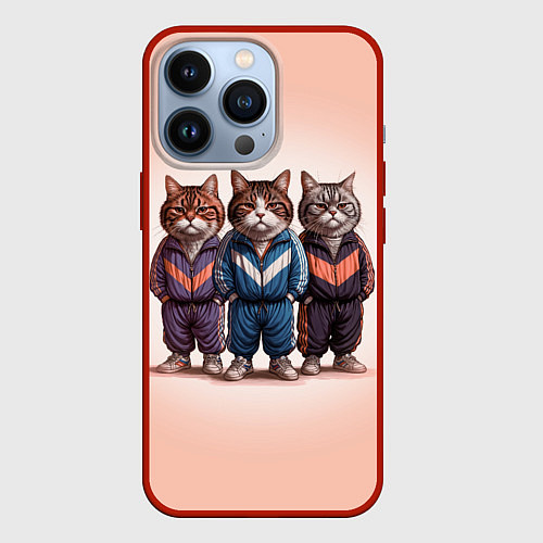 Чехол iPhone 13 Pro Три полосатых кота в спортивных костюмах пацана / 3D-Красный – фото 1