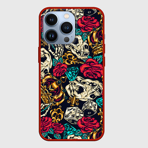 Чехол iPhone 13 Pro Tattoo dice skull / 3D-Красный – фото 1