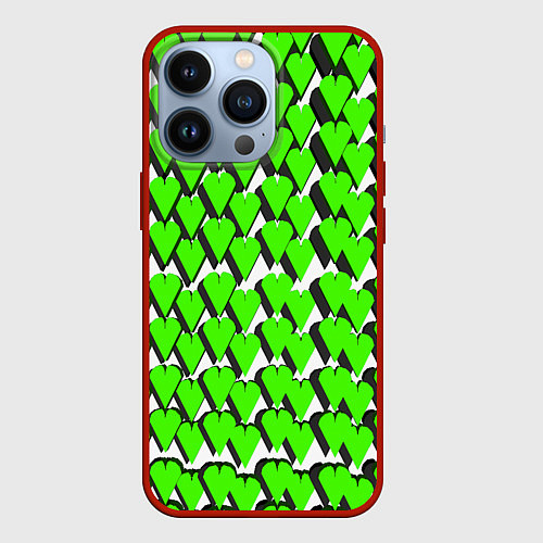 Чехол iPhone 13 Pro Зелёные сердечки на белом фоне / 3D-Красный – фото 1