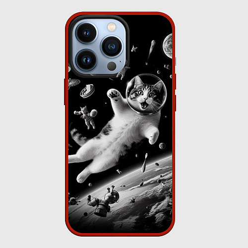 Чехол iPhone 13 Pro Офигевший котейка в безвоздушном пространстве / 3D-Красный – фото 1