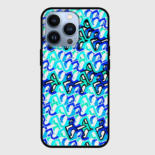 Чехол iPhone 13 Pro Синий узор и бело-чёрная обводка / 3D-Черный – фото 1