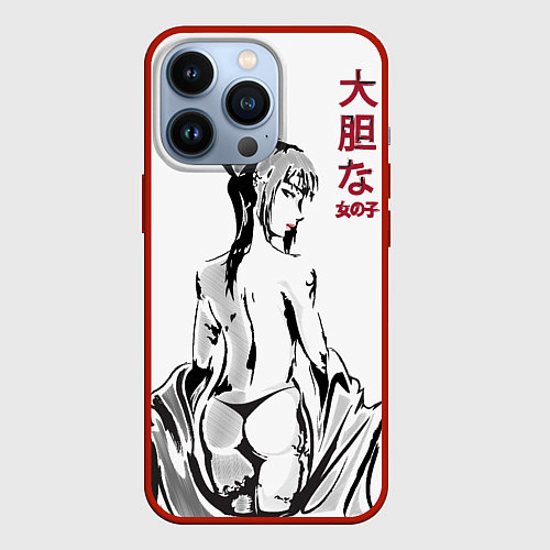 Чехол iPhone 13 Pro Девушка вполоборота в стиле манга с японскими иеро / 3D-Красный – фото 1