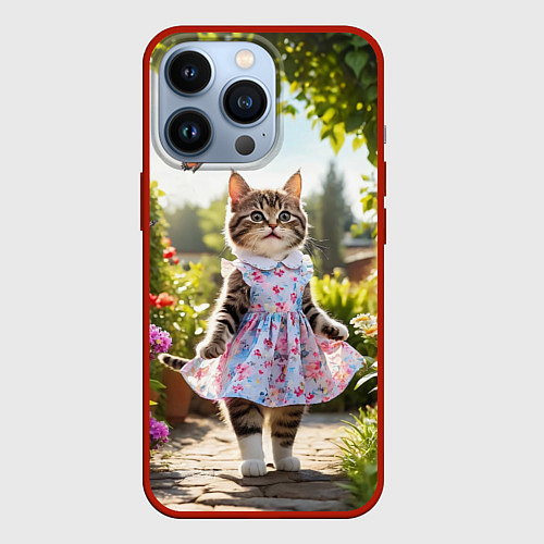 Чехол iPhone 13 Pro Кошка в летнем платье в саду / 3D-Красный – фото 1